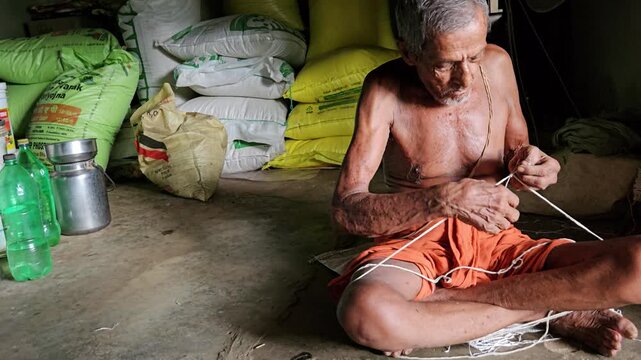 An elderly Indian Brahmin man carefully making a sacred thread (janeyu or yajnopavita) by hand. This traditional craft is deeply rooted in Hindu rituals and cultural practices. 