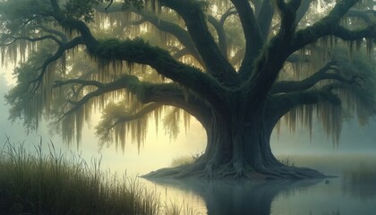 Fototapeta premium Giant oak tree covered in moss stands in water. Thick fog surrounds ancient plant with hanging branches. Tall grass grows near calm river. Nature landscape.