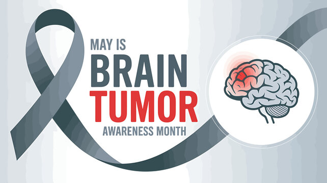 Brain tumor awareness month gray ribbon and brain illustration on white background