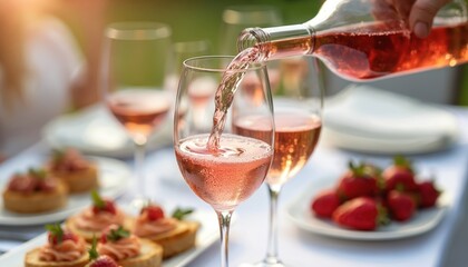 Naklejka premium Hand pours pink wine into clear glass. Table has strawberries and small bites. Outdoor party setting with soft sun light. Guests celebrate summer.