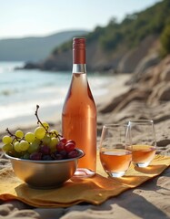 Naklejka premium Bottle of rose wine with grapes and glasses on sand beach. Two glasses filled with pink wine. Sea waves in background. Sunny day relaxation on coast. Vacation picnic.