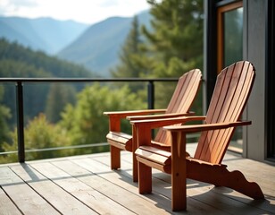 Fototapeta premium Two wooden Adirondack chairs wait on a sunlit porch. A vast mountain landscape unfolds behind the railing. This spot offers quiet relaxation and nature views.