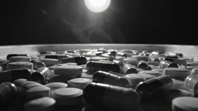 Black and white close up of various pills on a distressed surface with bright light illuminating the pills and smoke.