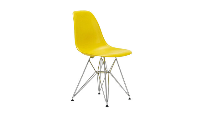 Vibrant Yellow Eames Chair On Metallic Eiffel Legs Isolated On Black Background For Interior Design Concepts
