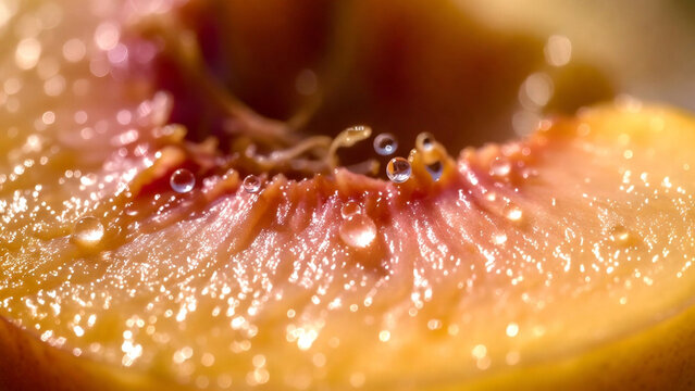 A vibrant macro shot reveals the succulent, glistening flesh of a freshly cut peach half, adorned with sparkling water droplets and intricate textures around its central pit.