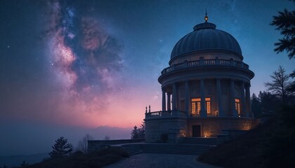 Fototapeta premium Historic observatory building with dome stands against vibrant night sky with Milky Way galaxy visible. Warm light emanates from windows of the classical architecture. Mountain landscape below.