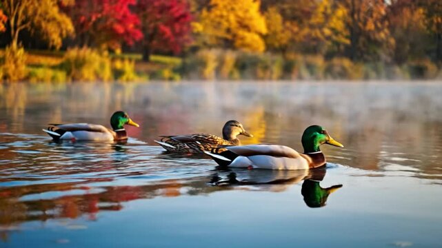 Three mallard ducks swim across a serene lake reflecting vibrant autumn foliage in soft focus