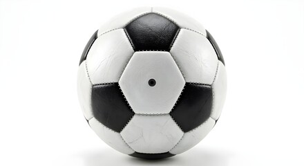 Fototapeta premium Classic black and white leather soccer ball with visible stitching and air valve, isolated on white background