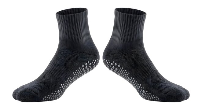 World Cup 2026 training gear: A pair of professional black anti-slip soccer training socks with textured grip soles, isolated on white background.