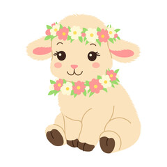 Fototapeta premium Adorable lamb sits peacefully with flower crown. Pink and white blossoms frame its gentle face. Soft eyes and smiling mouth exude calm happiness. Perfect for baby, spring, or nature-themed designs