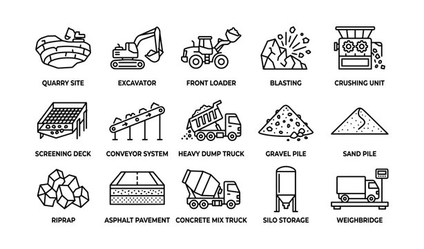 Construction equipment and materials icons: excavator, loader, quarry, and more