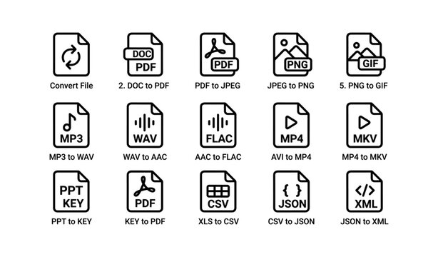 Icons representing file format conversion including pdf, jpeg, png, mp3, wav, aac, csv, json, xml