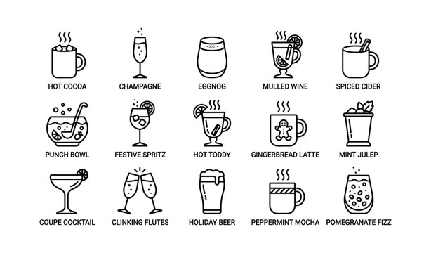 Variety of holiday drinks icons including hot cocoa, eggnog, mulled wine, and festive cocktails