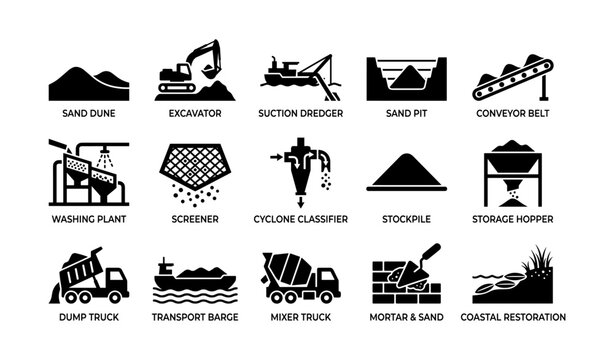 Icon set illustrating sand mining and processing equipment and activities