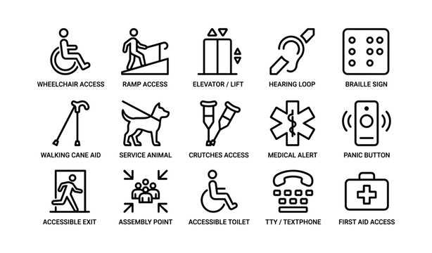 Accessibility icons featuring wheelchair, ramp, elevator, and hearing loop symbols