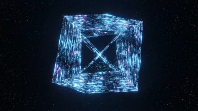 Abstract futuristic 3D cube with glowing lines and particles rotating in space against a dark starry background