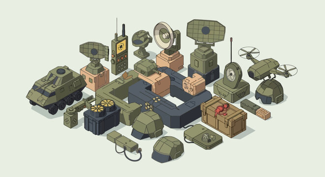 Isometric illustration of various military equipment including tanks, drones, radar, and communication devices.
