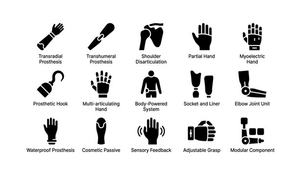 Icons of prosthetic device types and components for limb replacement