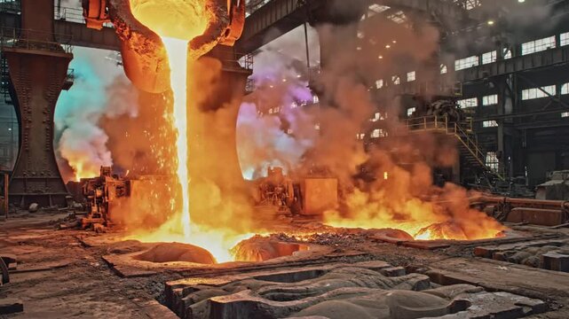 Molten metal pouring from a ladle into molds within an industrial steel mill production plant creating fiery effects
