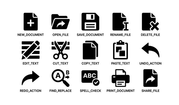 Icon set of common file and text editing actions for digital interfaces