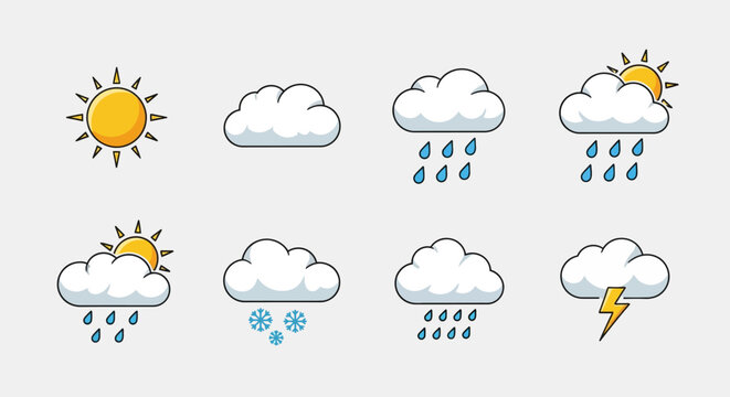 Colorful weather icons: sun, clouds, rain, snow, and thunder with modern design