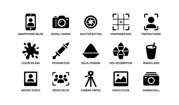 Black icons set: photography and holi celebration themes