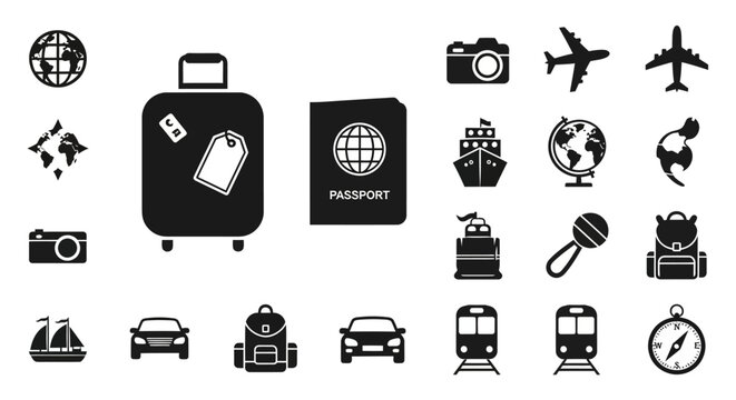 Travel icon set featuring luggage, passport, transportation, and globes