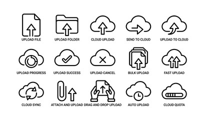 Fototapeta premium Cloud upload icons: sync, backup, transfer symbols for file management