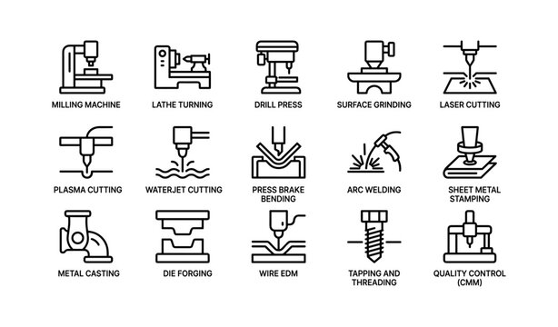 Manufacturing icons: milling, lathe, drill press, cutting, welding, stamping, forging, and threading