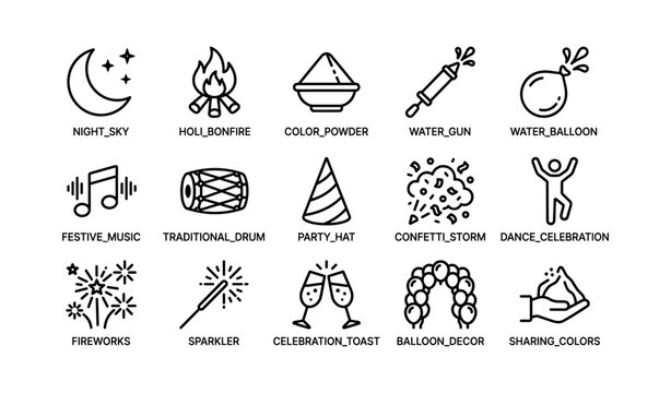 Festive icon set illustrations including music, celebration, and party elements