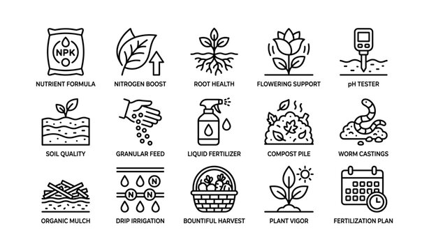 Gardening essentials icons illustrate nutrient solutions and plant care tools