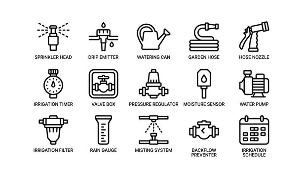 Garden irrigation tools: sprinkler, drip emitter, watering can, timer, and more