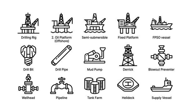 Oil industry icons: offshore platforms, equipment, and supply vessels