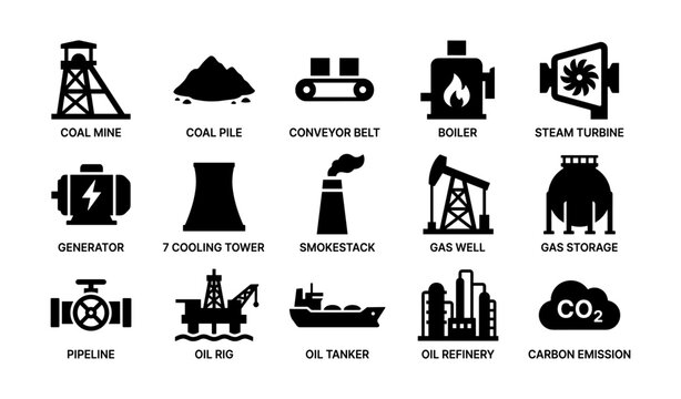 Industrial energy icons set featuring coal mine, boiler, oil rig, pipeline, and carbon emission