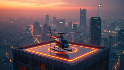 Fototapeta premium Helicopter lands on modern skyscraper helipad at sunset. Cityscape with glowing lights and traffic below. Aerial view of urban skyline at dusk.
