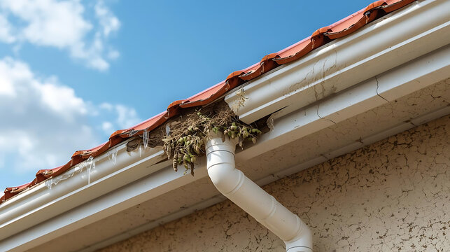 Clogged house gutter with leaves and debris, residential roof maintenance, home exterior repair, gutter cleaning services, clogged downspout, roofing problems, house maintenance
