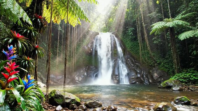 Tranquil waterfall cascading into a clear pool surrounded by lush rainforest vegetation with sunlight streaming through the canopy