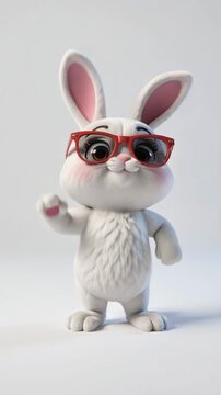 Funny dancing Easter bunny wearing red sunglasses standing on hind legs, 3D render isolated on white background. vertical story size