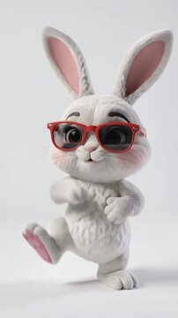 Funny dancing Easter bunny wearing red sunglasses standing on hind legs, 3D render isolated on white background. vertical story size