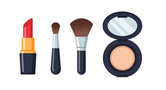 Flat makeup set: lipstick, brushes, compact for cosmetics and beauty design