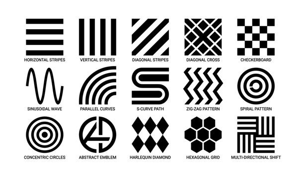 Geometric patterns: stripes, checkerboard, waves, circles, and hexagonal designs