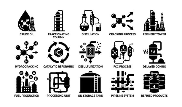 Oil refinery processes: crude oil, refining, cracking, distillation icons