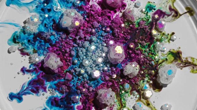 Colorful chemical reaction experiment showing color powder exploding with crystal-like structures on a white surface
