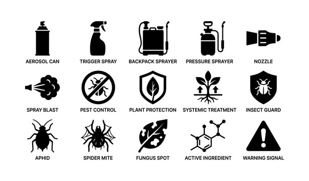 Garden pest control symbols: sprayers, protection, and treatment icons