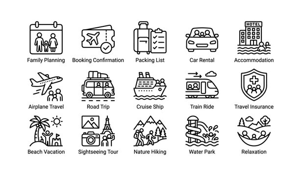 Travel and vacation icons collection: planning, transportation, accommodation, and leisure