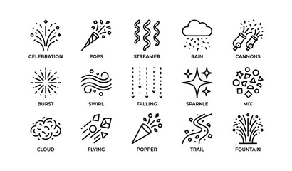 Fototapeta premium Celebration icon set with fireworks, confetti, and weather symbols