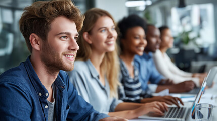 Obraz premium Diverse group of faceless young professionals collaborating on a project in a modern sunlit office, defocused laptops and documents on table, teamwork and business concept, with