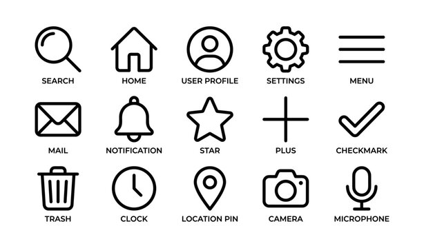 Collection of common interface icons for web and app design