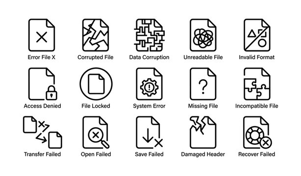 Common computer file errors icons set with symbols for technical issues