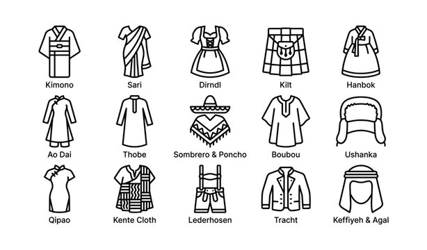 Traditional clothing icons: kimono, sari, dirndl, kilt, hanbok, ao dai, thobe, poncho, boubou, ushanka, qipao, kente, lederhosen, tracht, keffiyeh